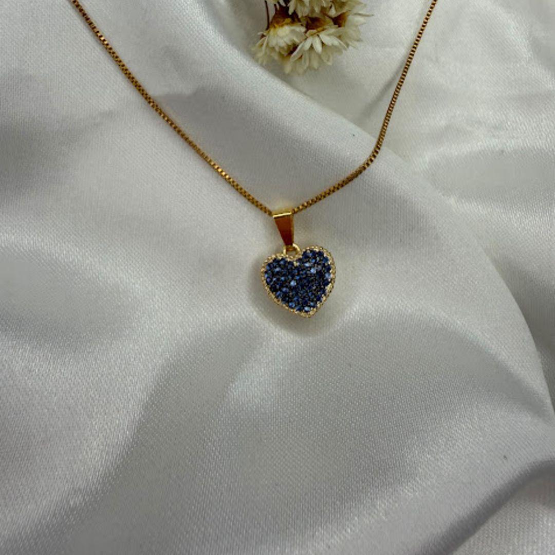 Pingente Coração Cravejado Zircônias Azul  - Banhado a Ouro 18k